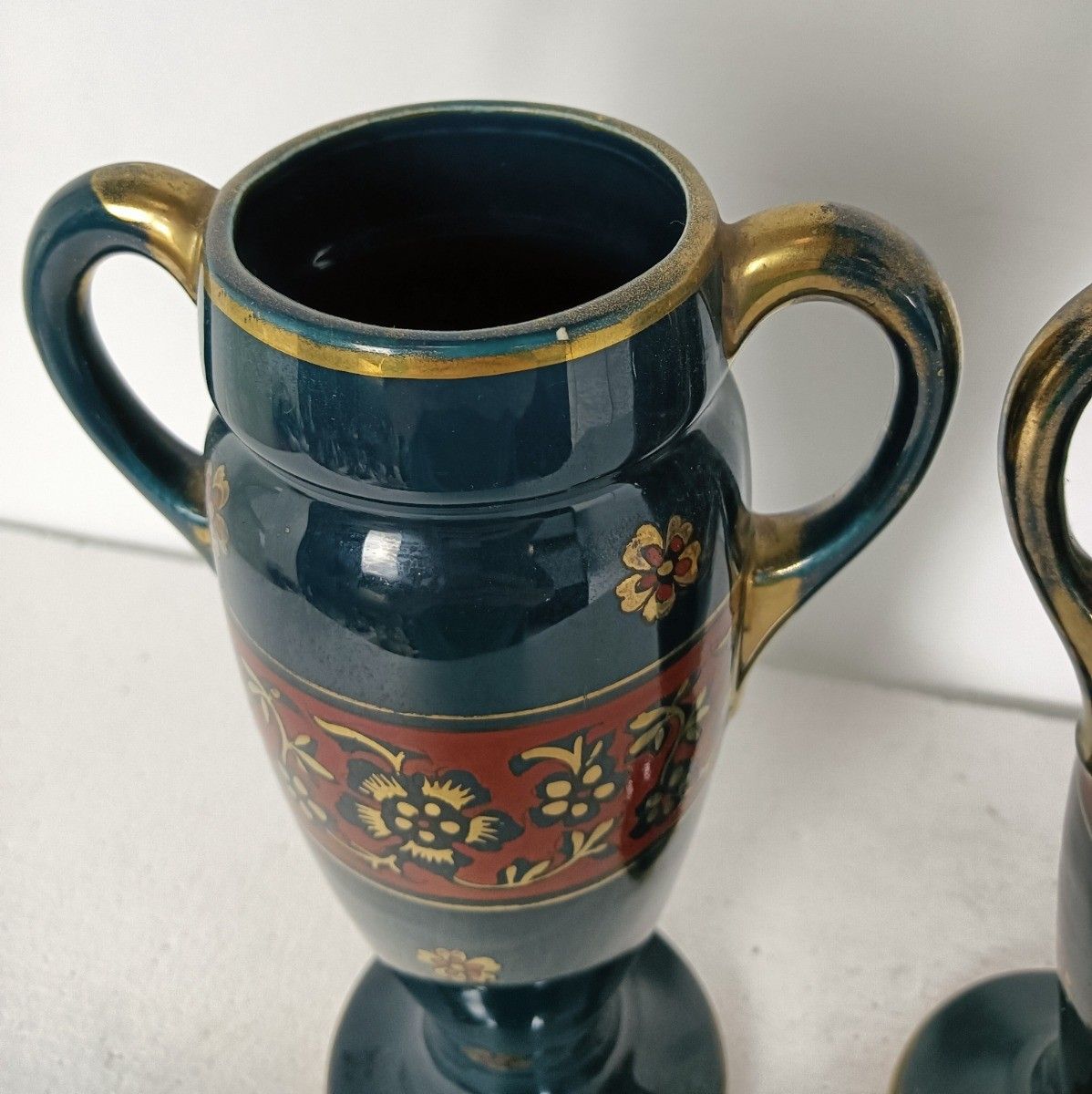 Couple Of Vintage Glazed Blue Vases Urns With Handles Hand Painted Lovely photo vinterior