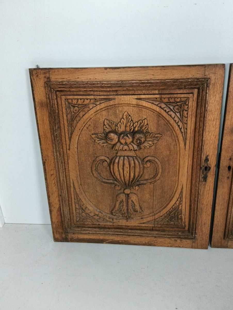 Pair Antique Hand Carved Wood Door Panels Fruit Baskets Reclaimed Architectural photo for sale