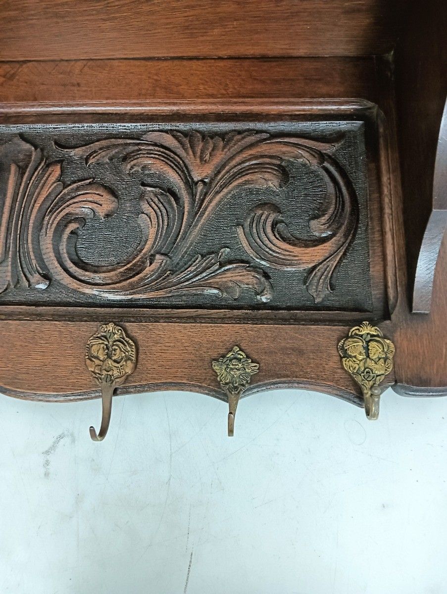 Large Coat Hat Rack Vintage Wall Hanging Carved Ornate Dark Wood photo vintage