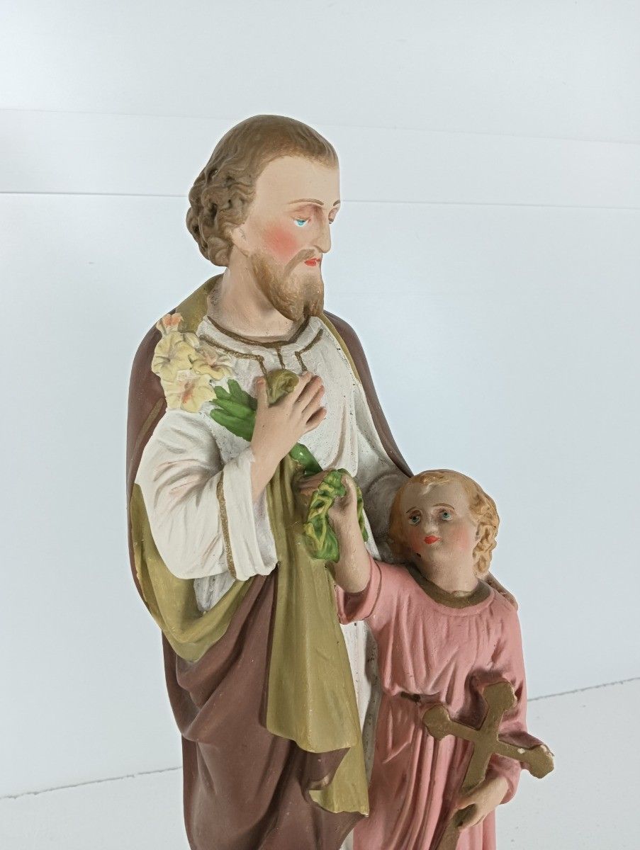Statue Saint Joseph Protector Of Homes Infant Jesus Neo Gothic Antique Polychr photo for sale