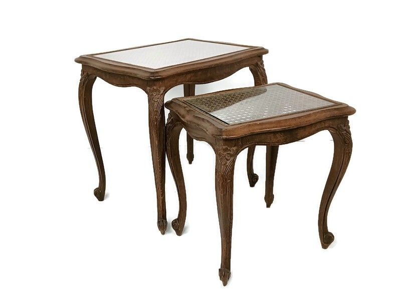 Vintage Set Of 2 Wooden Nesting Side Tables Cane Rush Glass Table Tops Louis XV