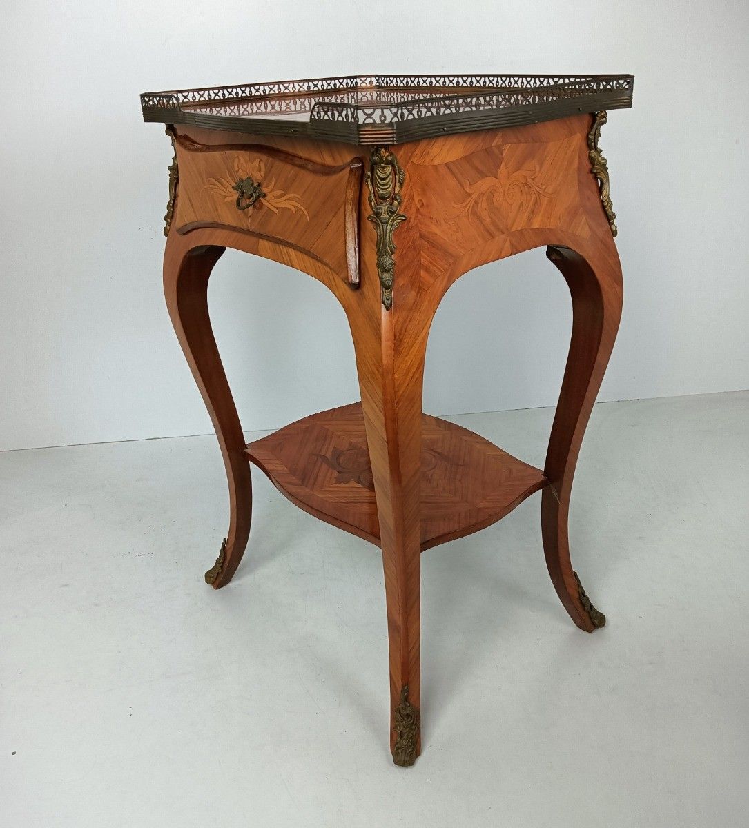 Furniture Gorgeous Marquetry Inlay Lamp Table Cabinet Wood Italian End Table Ormolu Brass photo