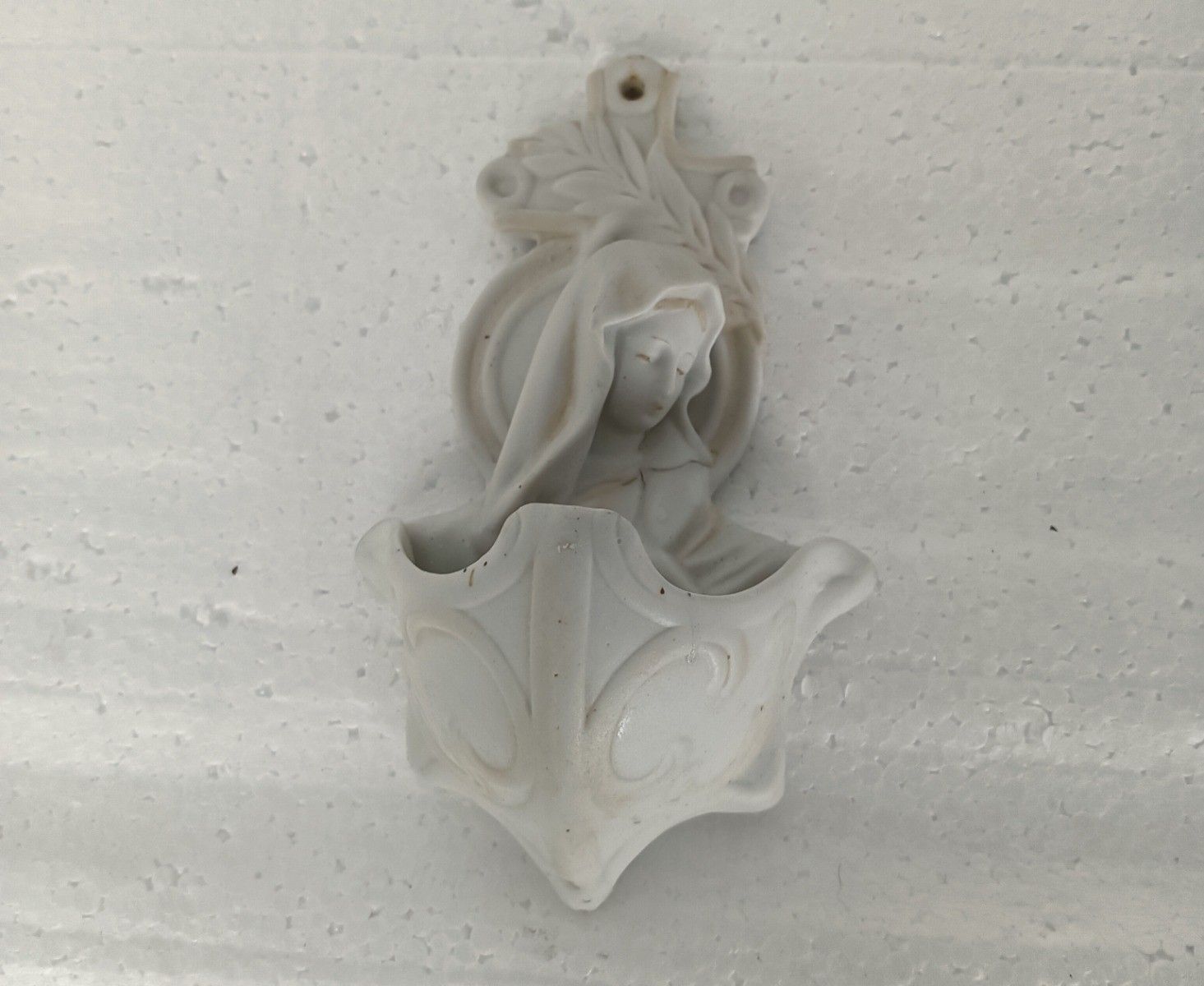 Antique Holy Water Font Vessel Bisque Porcelain Our Lady Madonna Virgin Mary