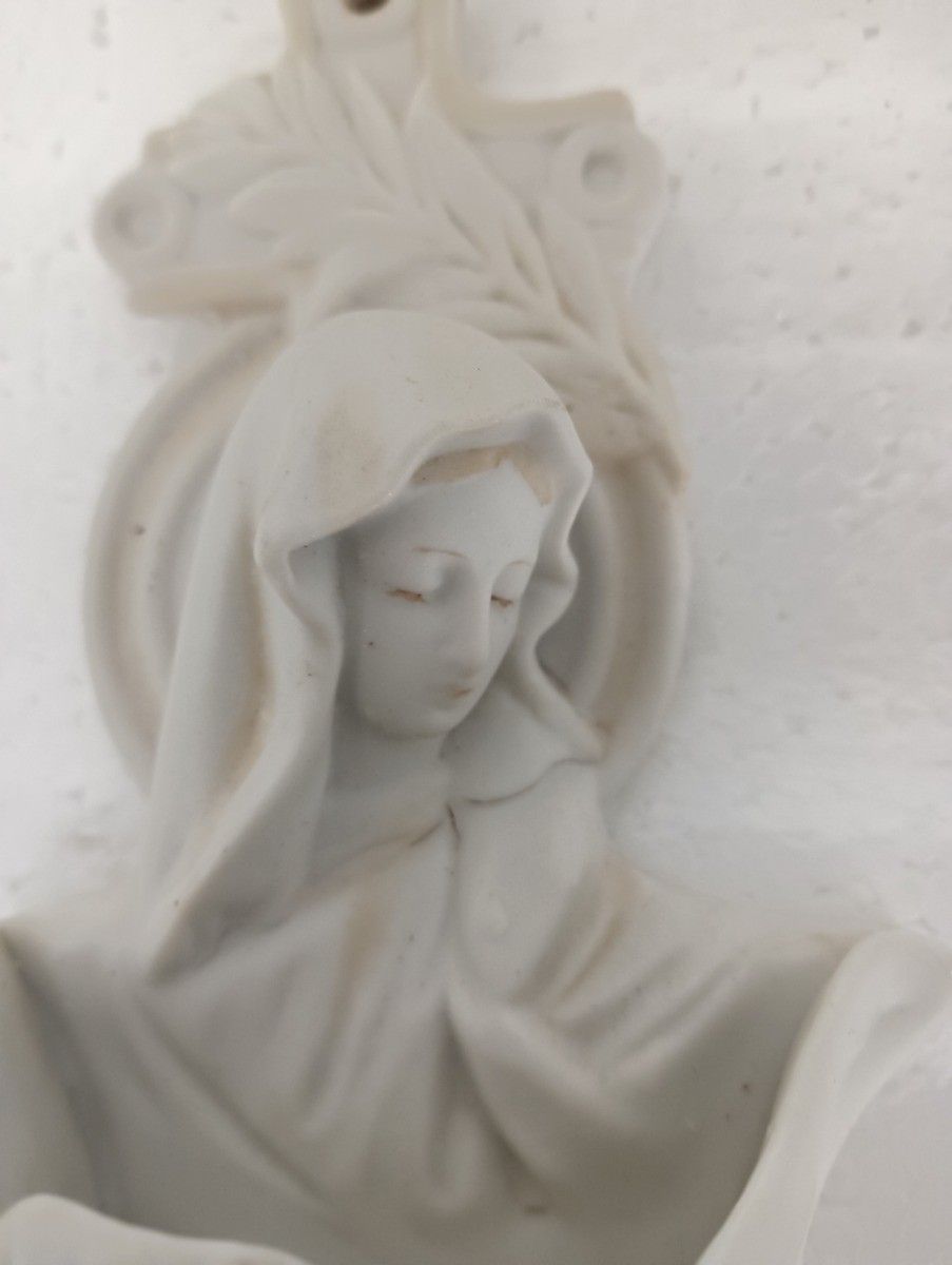 Antique Holy Water Font Vessel Bisque Porcelain Our Lady Madonna Virgin Mary photo for sale