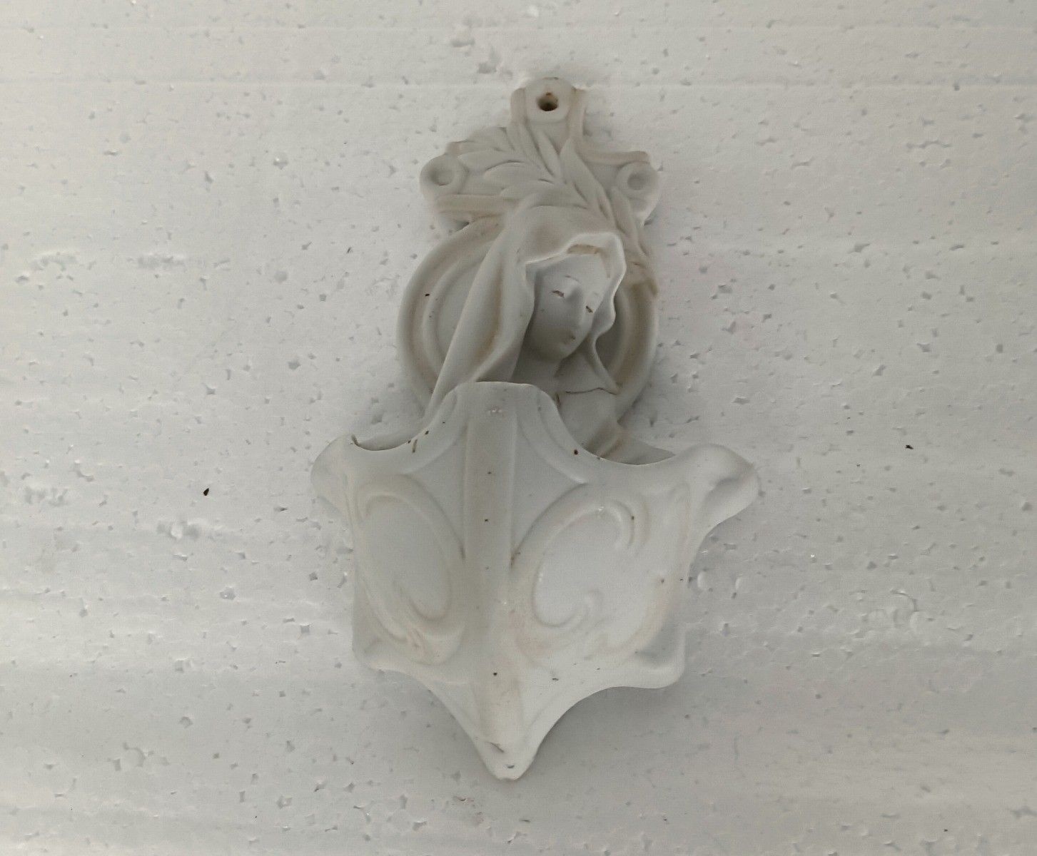 Antique Holy Water Font Vessel Bisque Porcelain Our Lady Madonna Virgin Mary photo vinterior