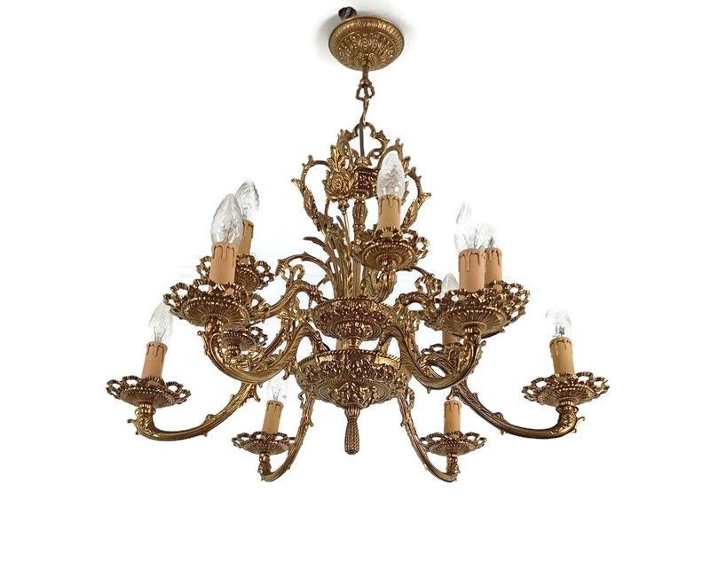 Vintage Spanish Revival Chandelier 12 Arm Lights Brass Gorgeous Ornate Ceiling F
