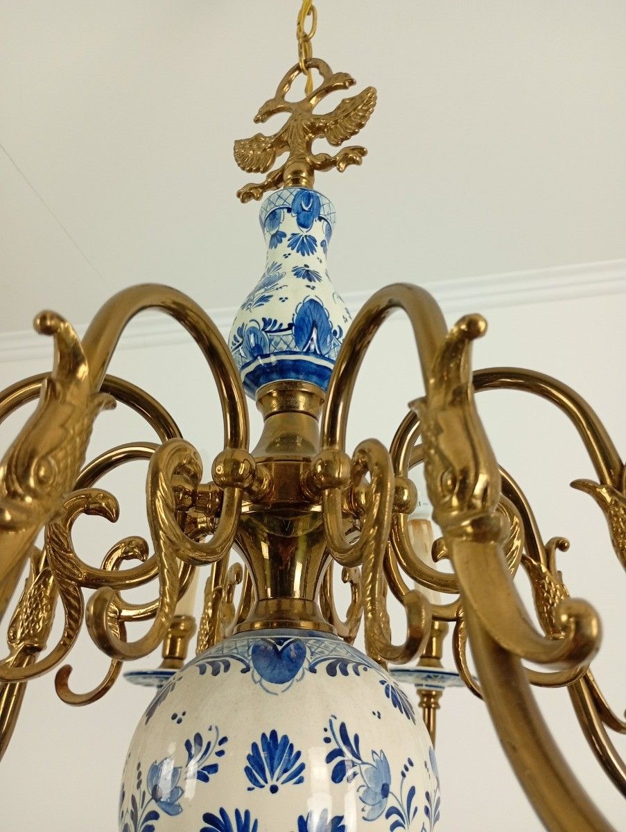 L Dutch Delft Blue White Chandelier Porcelain Ornate Brass 8 Lights Arms Vintage photo buy