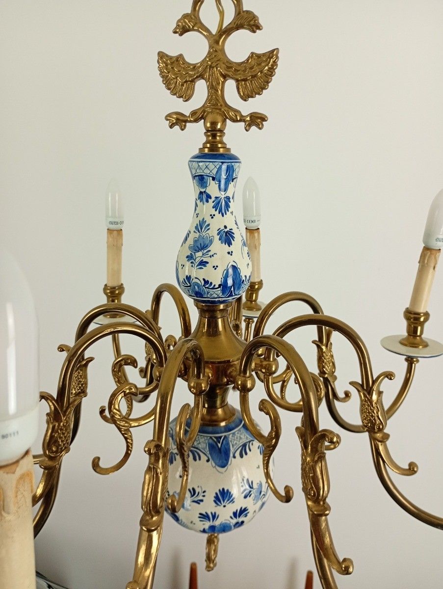 Lighting L Dutch Delft Blue White Chandelier Porcelain Ornate Brass 8 Lights Arms Vintage photo