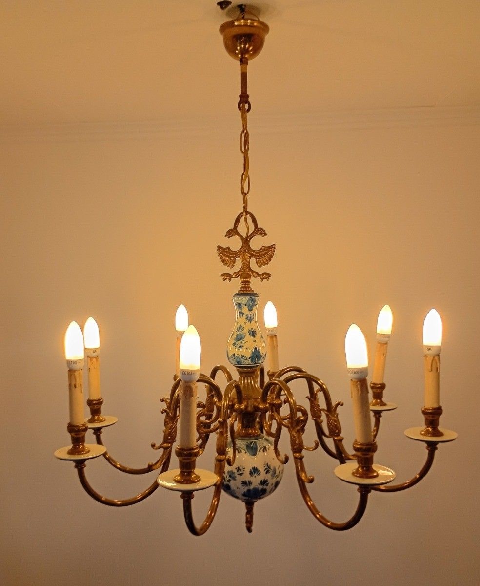 1073.0 L Dutch Delft Blue White Chandelier Porcelain Ornate Brass 8 Lights Arms Vintage photo