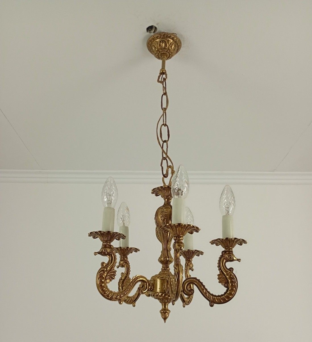 Vintage Ornate Chandelier Brass Seahorses 5 Arm Lights Small Ceiling Fixture photo for sale