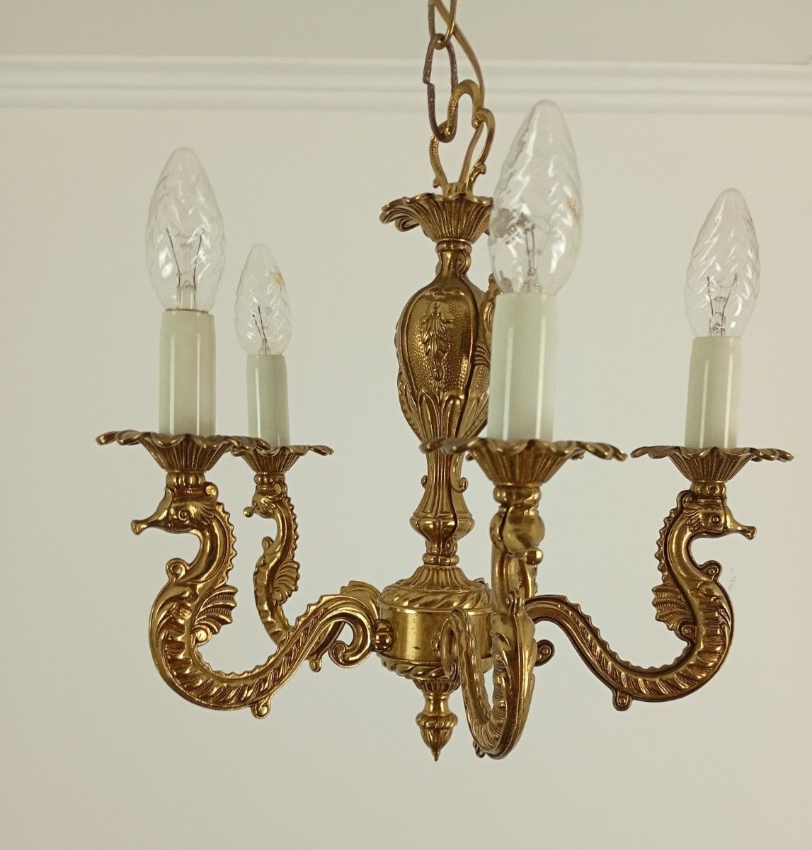 Vintage Ornate Chandelier Brass Seahorses 5 Arm Lights Small Ceiling Fixture photo Lighting