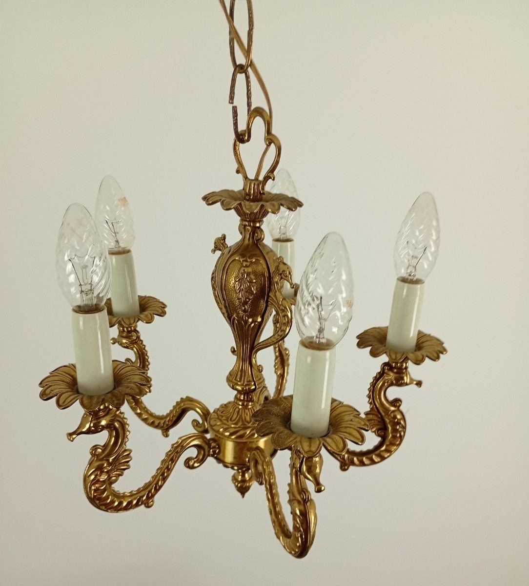 Lighting Vintage Ornate Chandelier Brass Seahorses 5 Arm Lights Small Ceiling Fixture photo