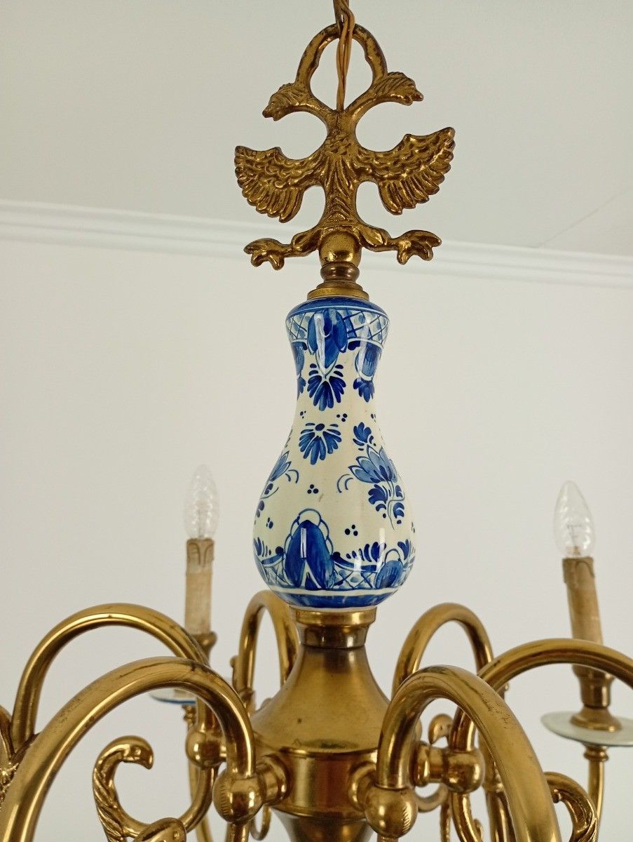 6 Arm Lights Delft Blue White Chandelier Eagles Fish Hand Painted Brass Ornate F photo buy