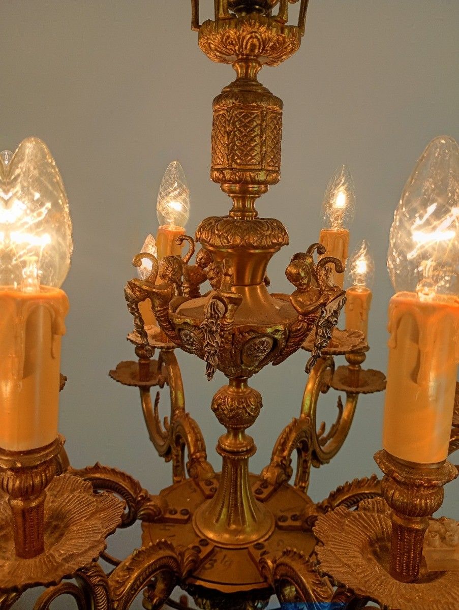 760.0 Gorgeous Spanish Revival Brass Chandelier Putti Bell Flowers 12 Arm Lights Vinta photo