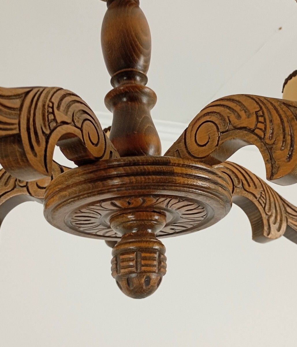 Gorgeous Carved Wooden Wood Chandelier Vintage 5 Lights Fixture Farmhouse Style photo Lighting
