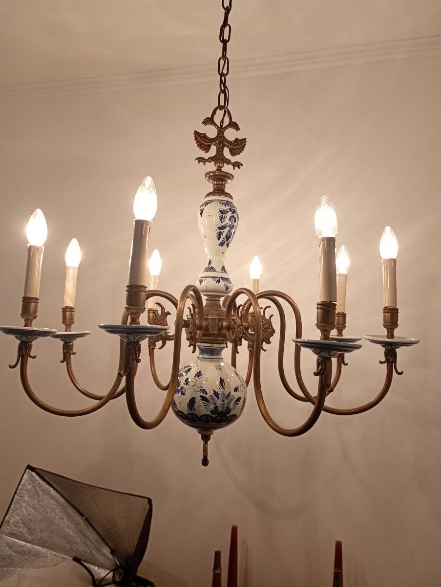 Lighting Dutch Delft Blue White Chandelier Porcelain Ornate Brass 8 Lights Arms Vintage F photo