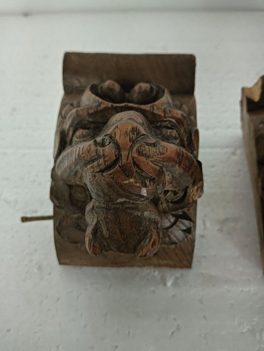 Set Of 3 Corbels Hand Carved Wood Architectural Reclaimed Lion Heads Trims Antiq photo furniture