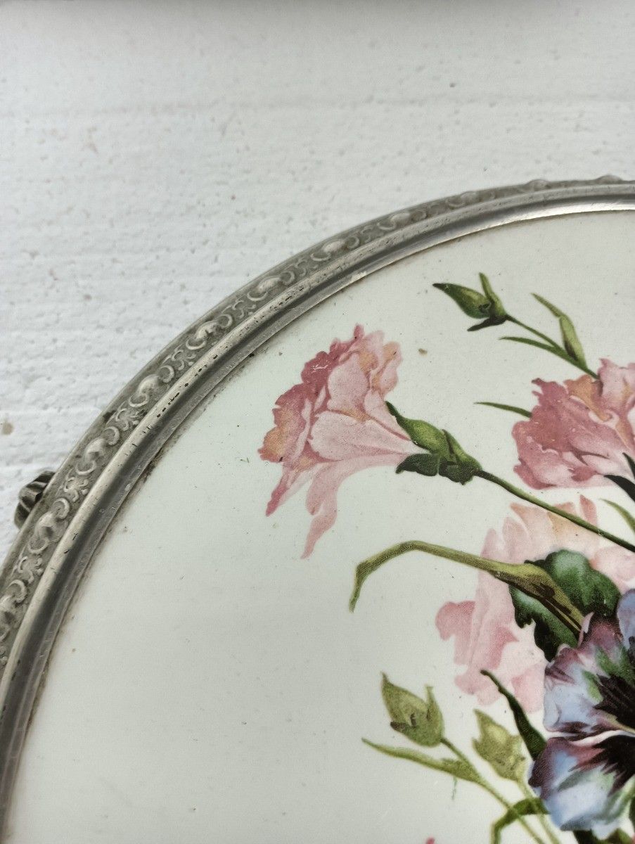 Stunning Art Nouveau Cake Stand Pedestal Dish Ornate Handles  Enamel photo furniture