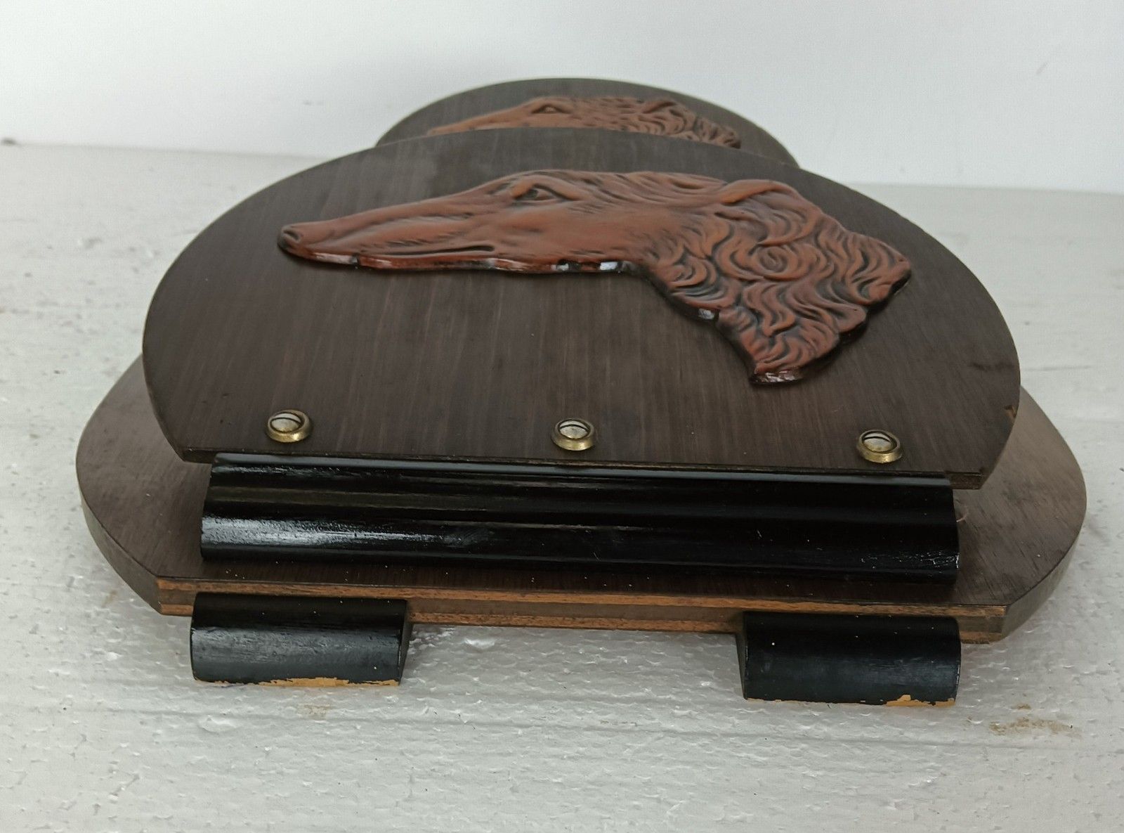 Art Deco Wood Magazine Newspaper Basket Rack Wall Mount Hanging Dogs Hound photo vinterior
