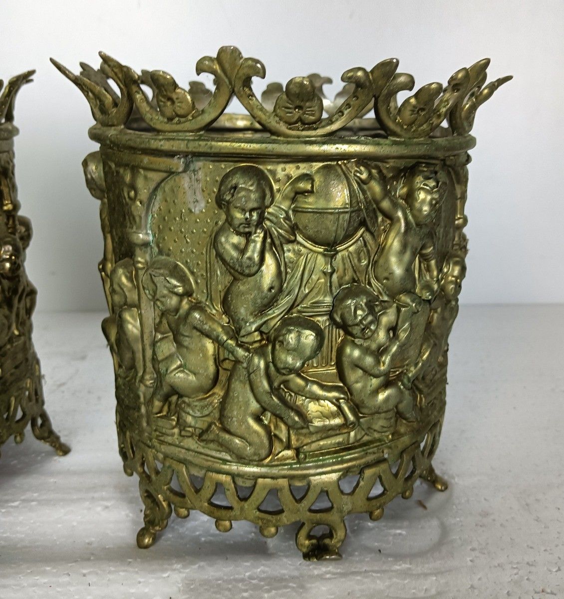 Stunning Couple Faux Brass Spelter Repousse Jardinieres Planters Putti Vintage N photo for sale