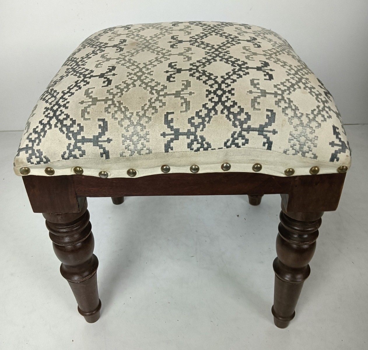 Vintage Footstool Ottoman  Wood Foot Rest 20th Century Hobnails Fabric photo vintage