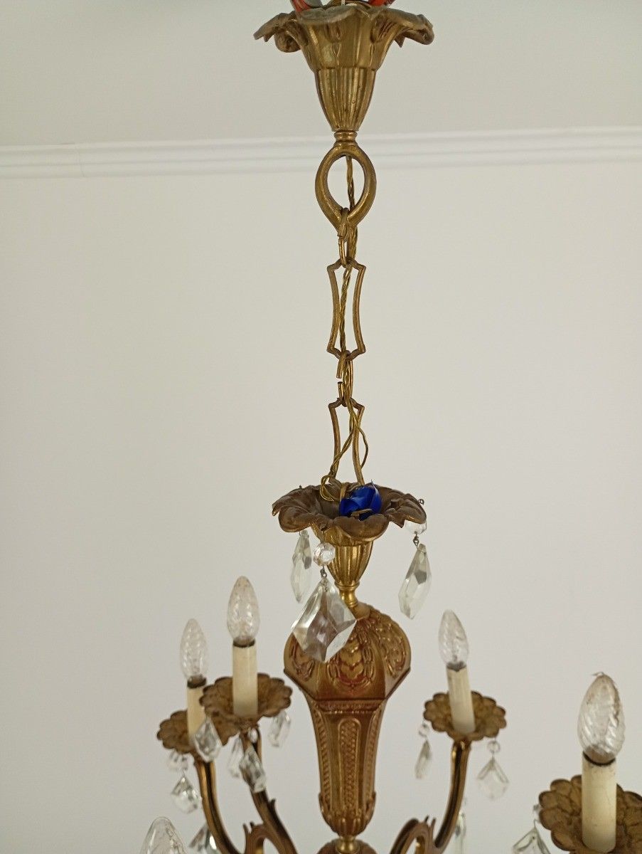 Beautiful Spanish Revival Chandelier 9 Arm Brass Crystal Prisms Vintage photo Lighting