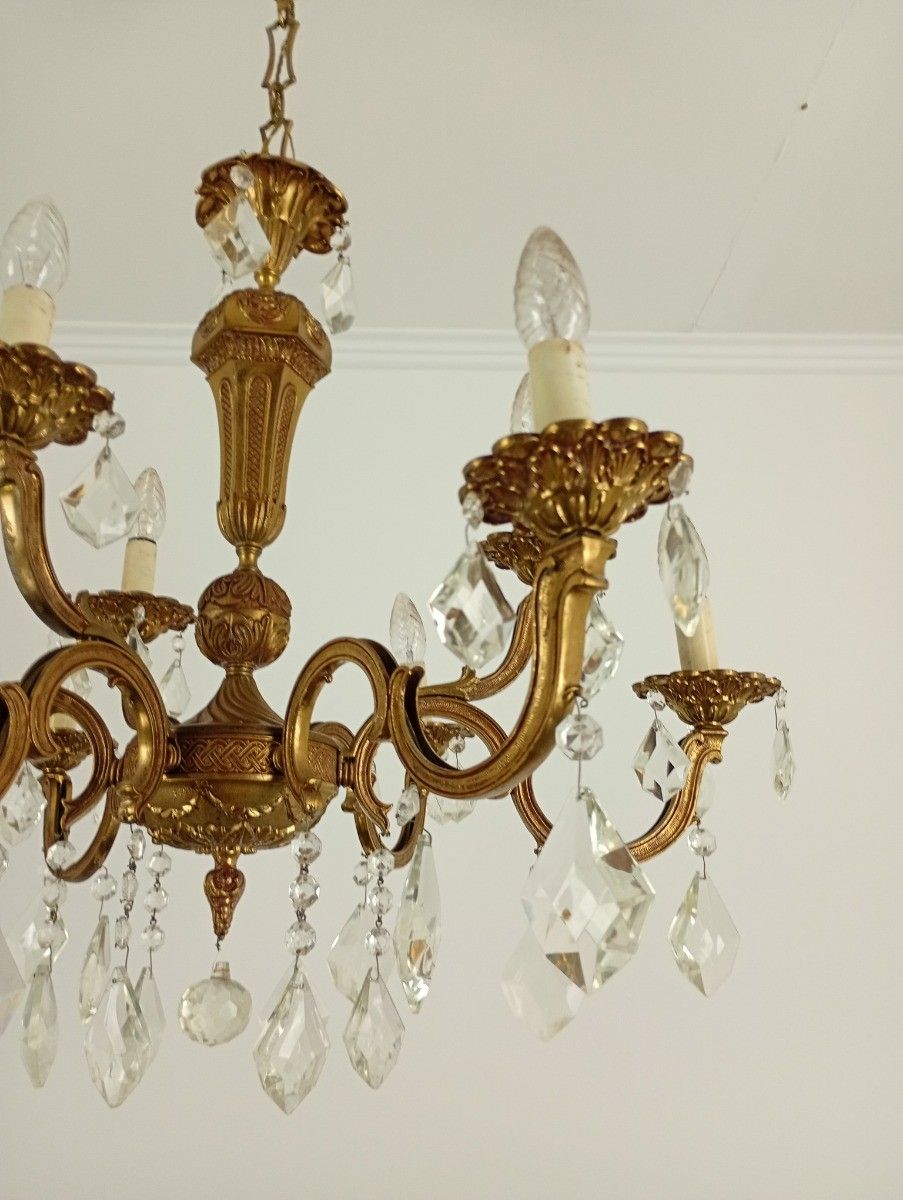 Beautiful Spanish Revival Chandelier 9 Arm Brass Crystal Prisms Vintage photo vintage