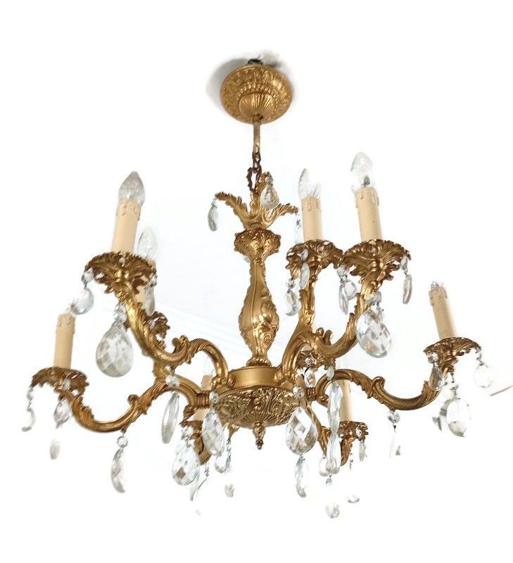 Lovely Vintage Chandelier French Hollywood Regency Style Brass Art Glass Prisms
