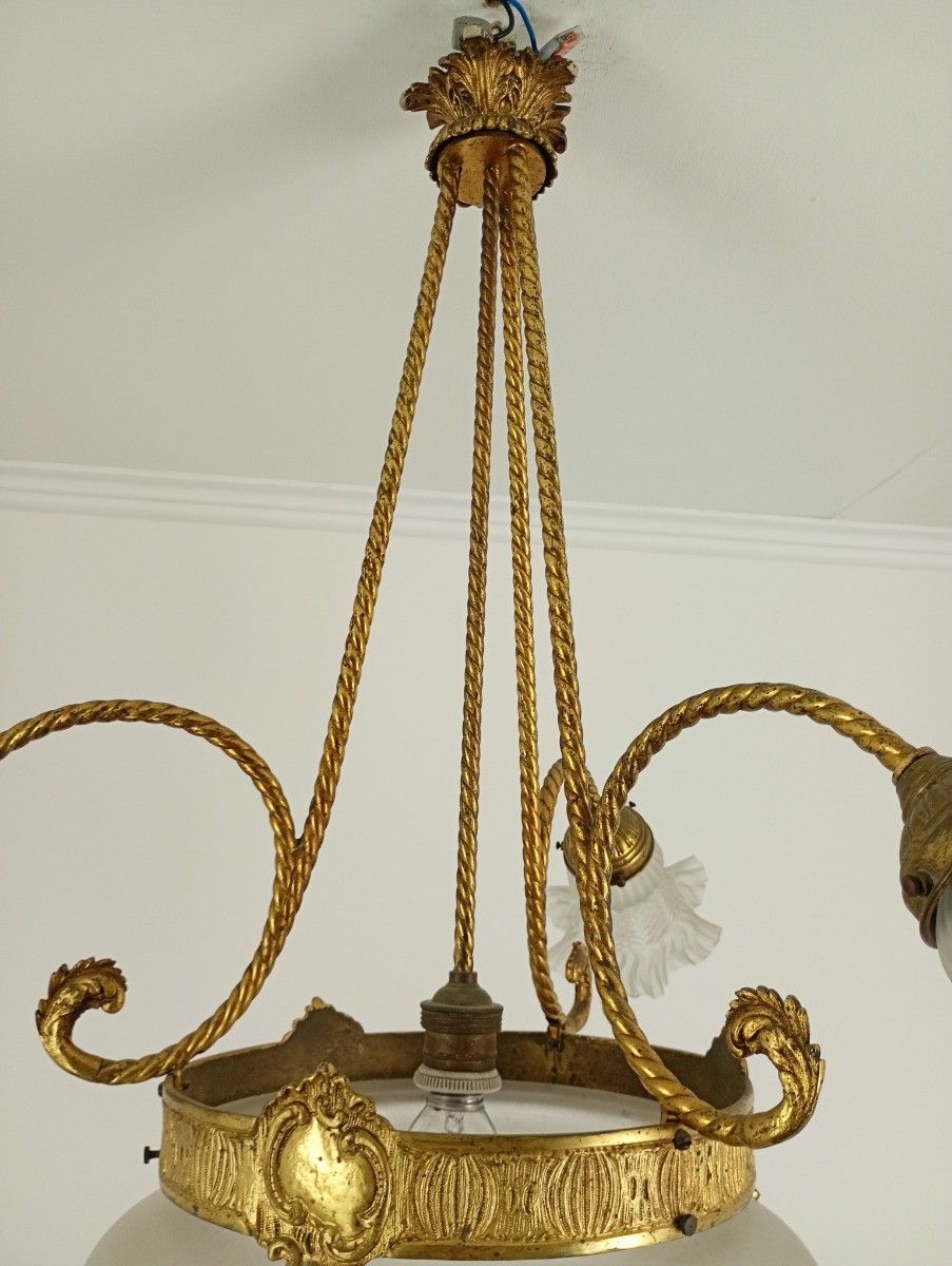 Antique Art Deco Chandelier French Brass & Etched Glass, 1920s Lighting 3 Arm 4 photo 894.0