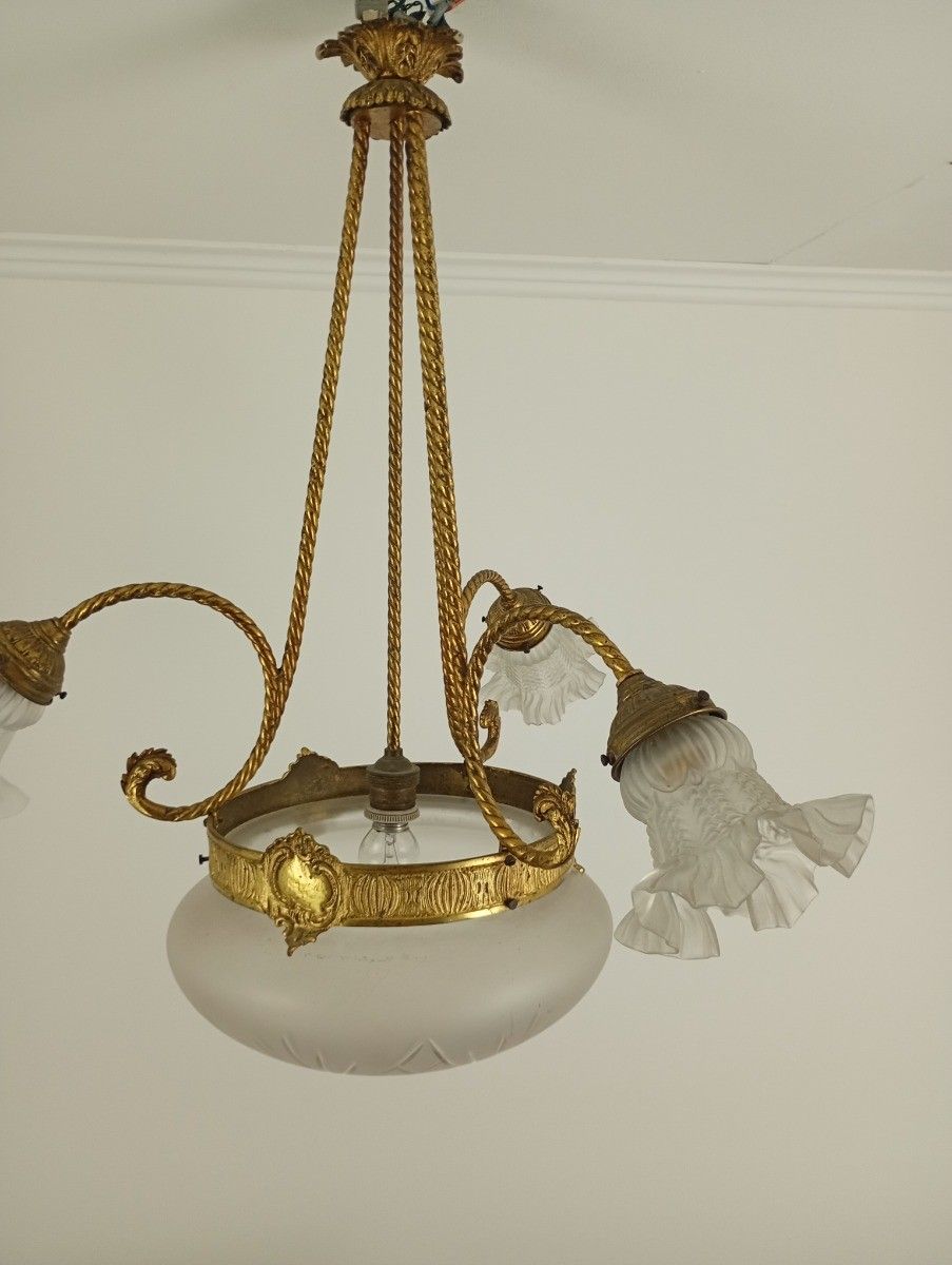 photo for sale Antique Art Deco Chandelier French Brass & Etched Glass, 1920s Lighting 3 Arm 4