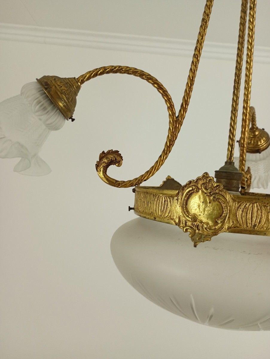 photo vinterior Antique Art Deco Chandelier French Brass & Etched Glass, 1920s Lighting 3 Arm 4