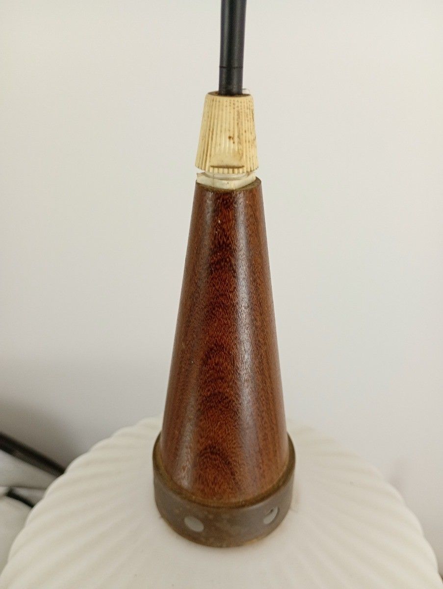 Danish Modernist Chandelier Pendant Teak  Opaline Glass Atomic Louis Kalff  Fixt photo for sale