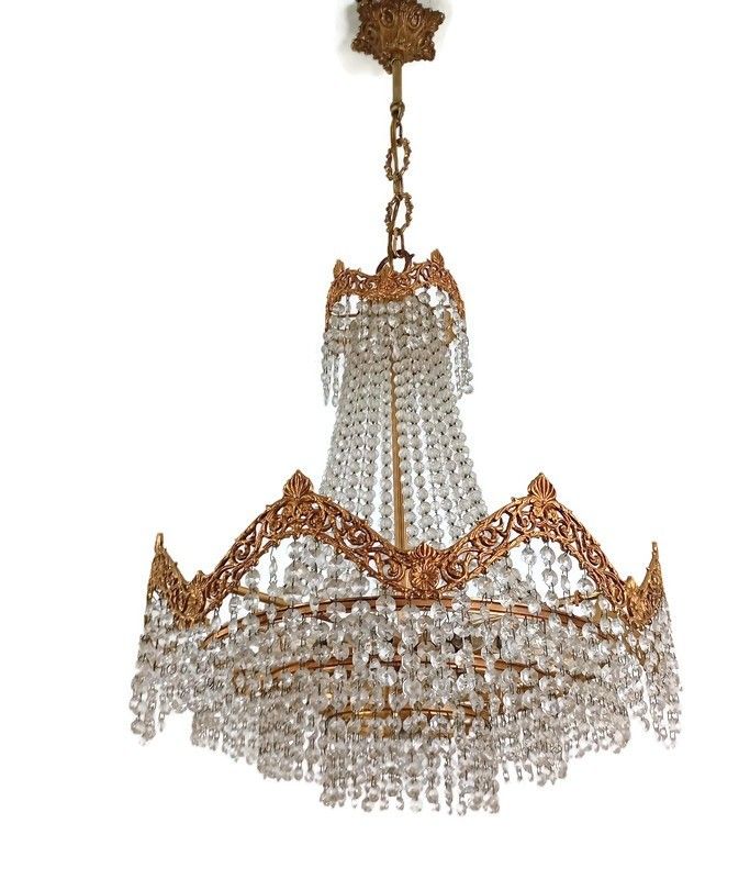 Stunning Wedding Bag Chandelier 4 Tier 9 Lights Crystal Prisms Brass Vintage Fix