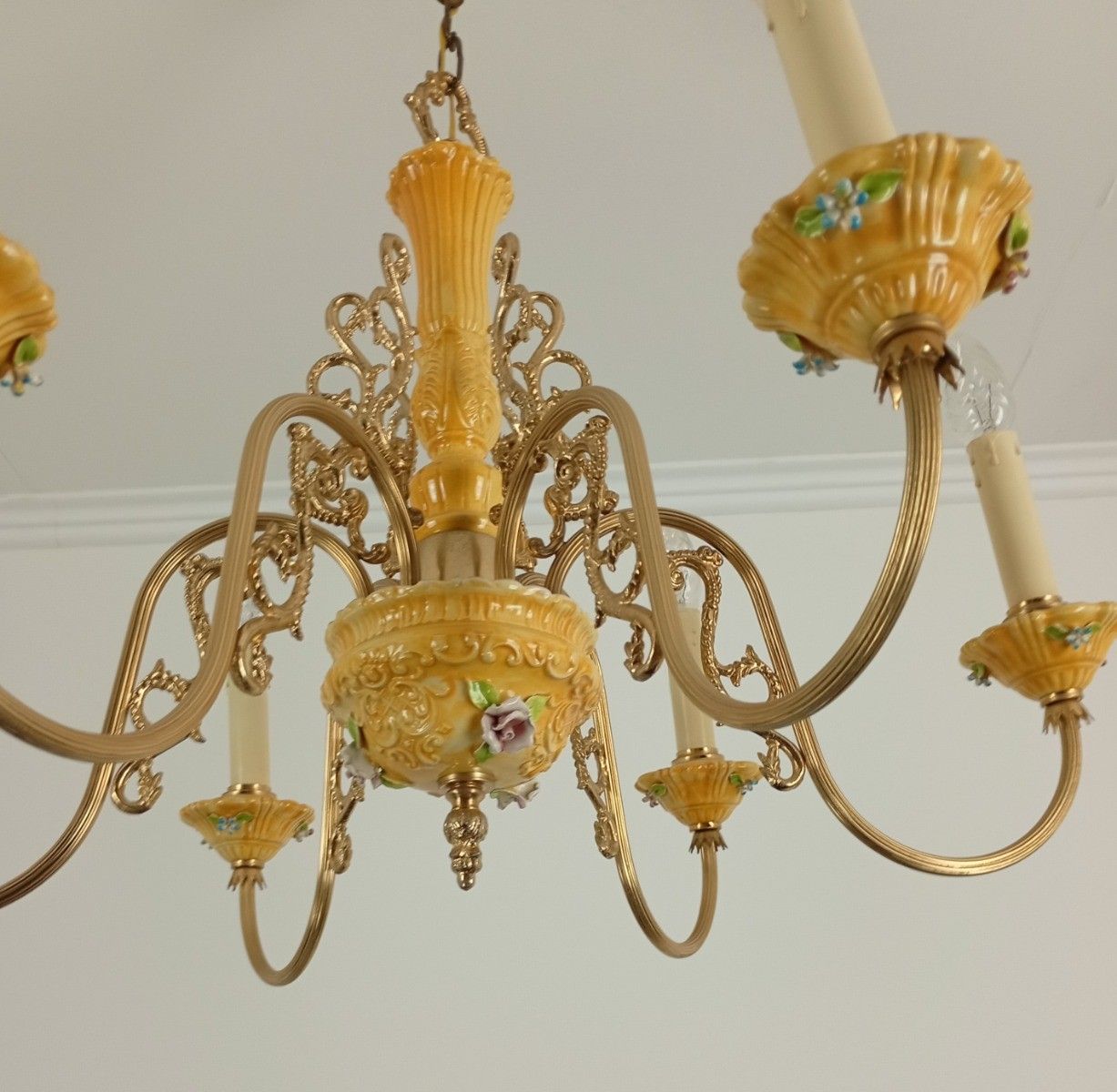 Vintage Chandelier Fixture 6 Arm Lights Porcelain Brass Italian Yellow Brown photo for sale