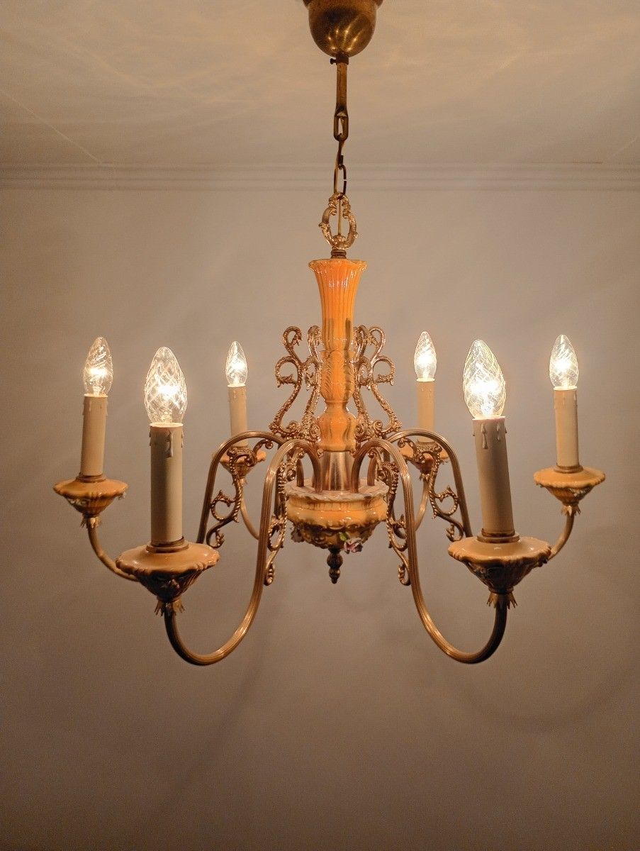 Vintage Chandelier Fixture 6 Arm Lights Porcelain Brass Italian Yellow Brown photo buy