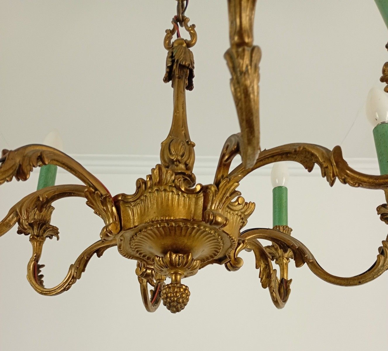 French Brass Hollywood Regency Style Chandelier 8 Arm Lights Ornate Green Candle photo for sale