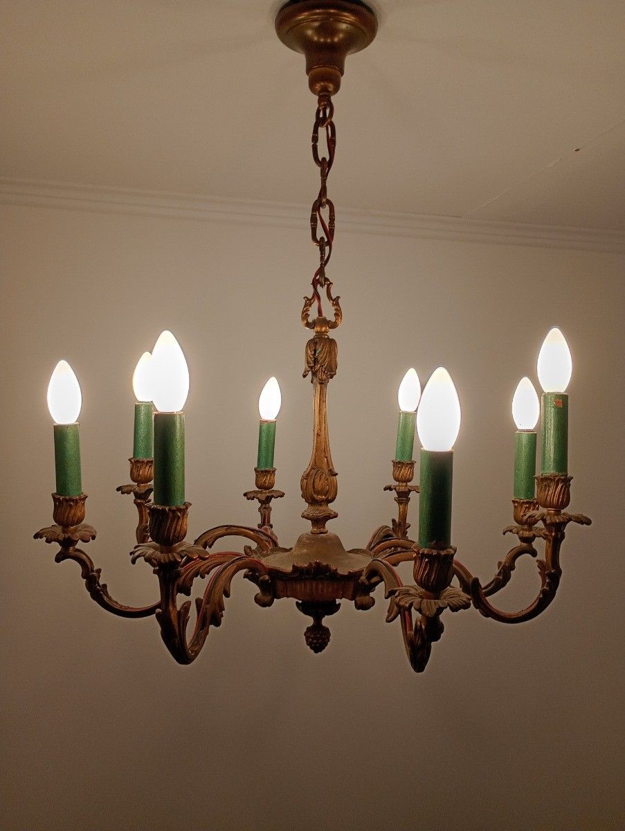 French Brass Hollywood Regency Style Chandelier 8 Arm Lights Ornate Green Candle photo Lighting