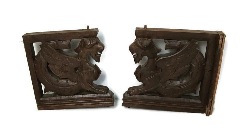 Couple  French Corbels Dragons Hand Carved Wood Brackets Gothic Architectural He