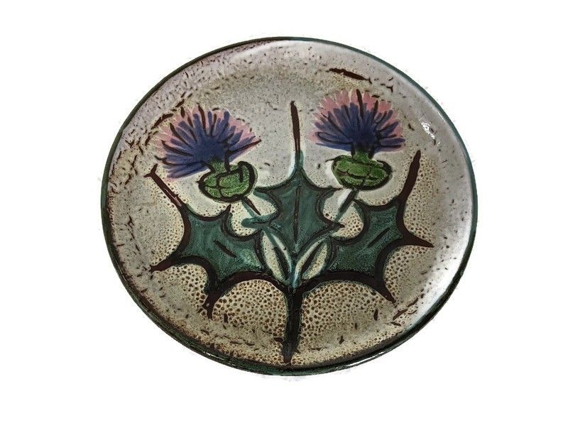 Cheese Plate  Ceramic  Vallauris  Vintage Pottery. Hand Decorate Thistles French