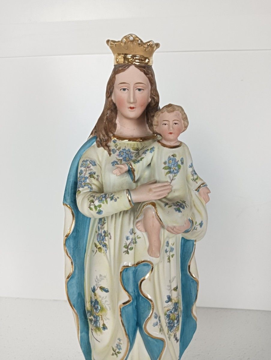 French Antique Bisque Statue Virgin Mary Lady Madonna With Infant Jesus Baby Blu photo furniture