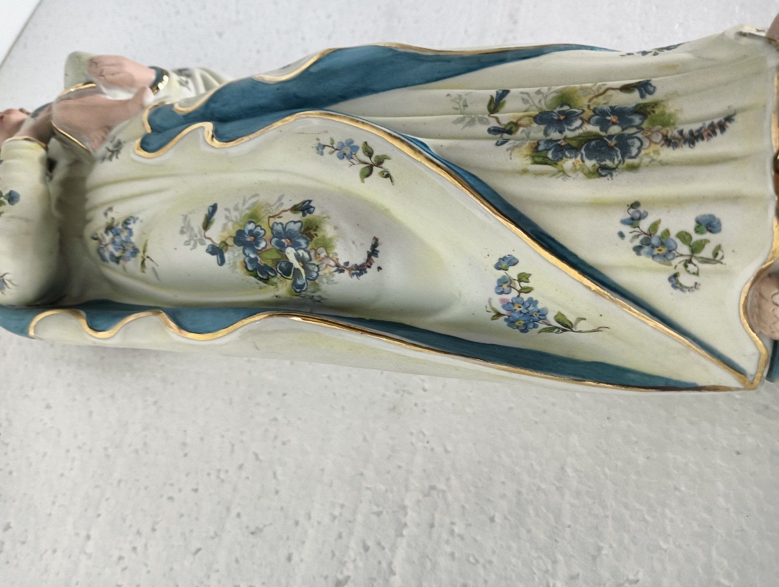 French Antique Bisque Statue Virgin Mary Lady Madonna With Infant Jesus Baby Blu photo vinterior