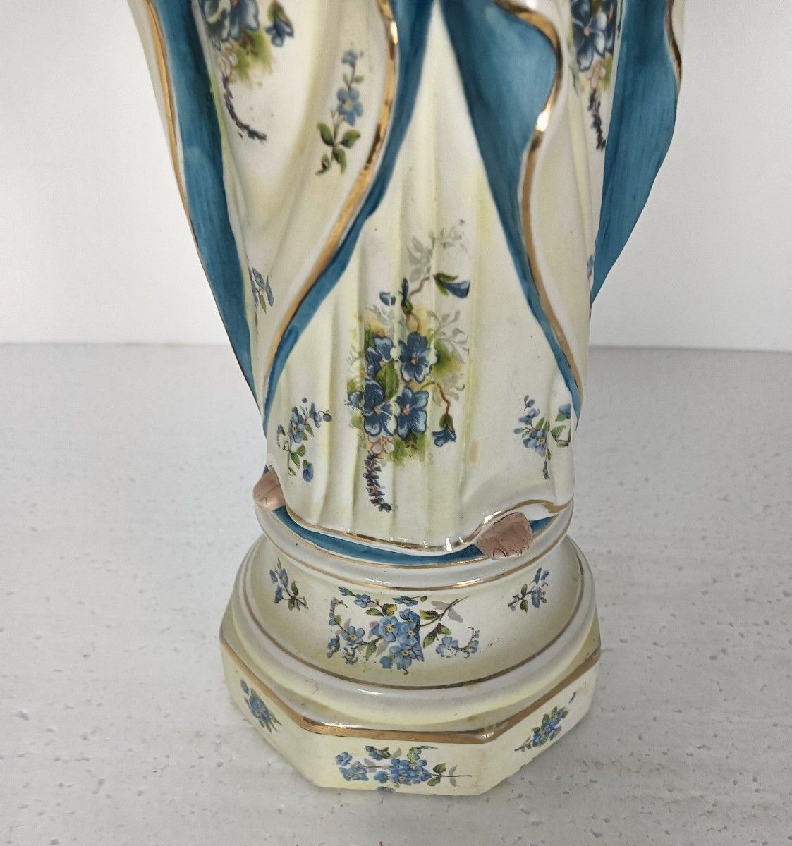 French Antique Bisque Statue Virgin Mary Lady Madonna With Infant Jesus Baby Blu photo vintage