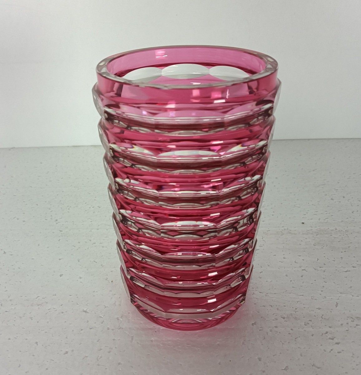Val St Lambert Marked Small Etched Glass Crystalcut To  Clear Red Vase  Cranberr photo furniture