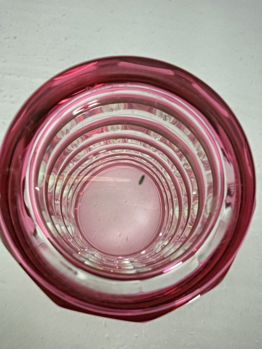 Val St Lambert Marked Small Etched Glass Crystalcut To  Clear Red Vase  Cranberr photo 179.0
