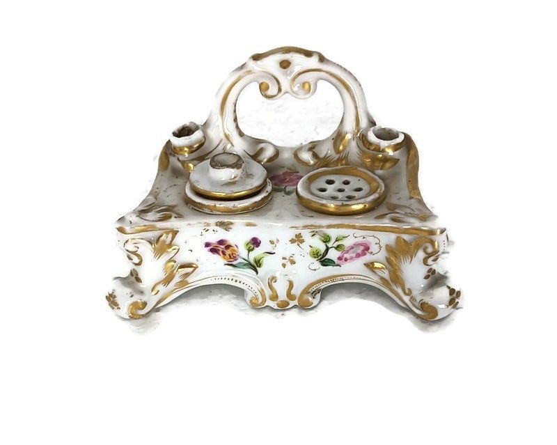 Beautiful Antique Small Ink Pot Porcelain Hand Painted Meissen Style