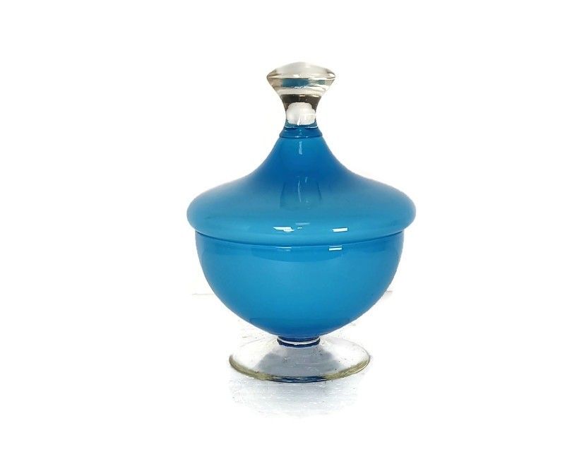 Vintage Goblet Apothecary Candy Jar Lidded Art Glass Baby Blue  Bonbonniere Ital