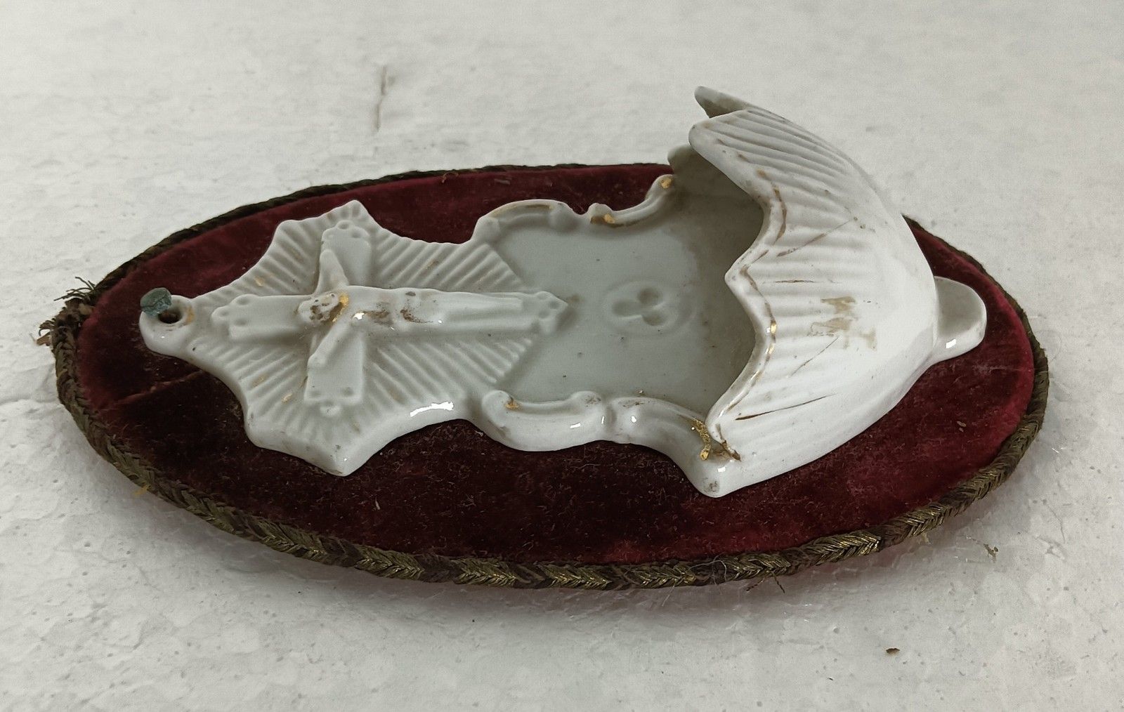 Antique Bisque Porcelain White Vessel Holy Water Font Crucifixion On Velvet Wood photo buy