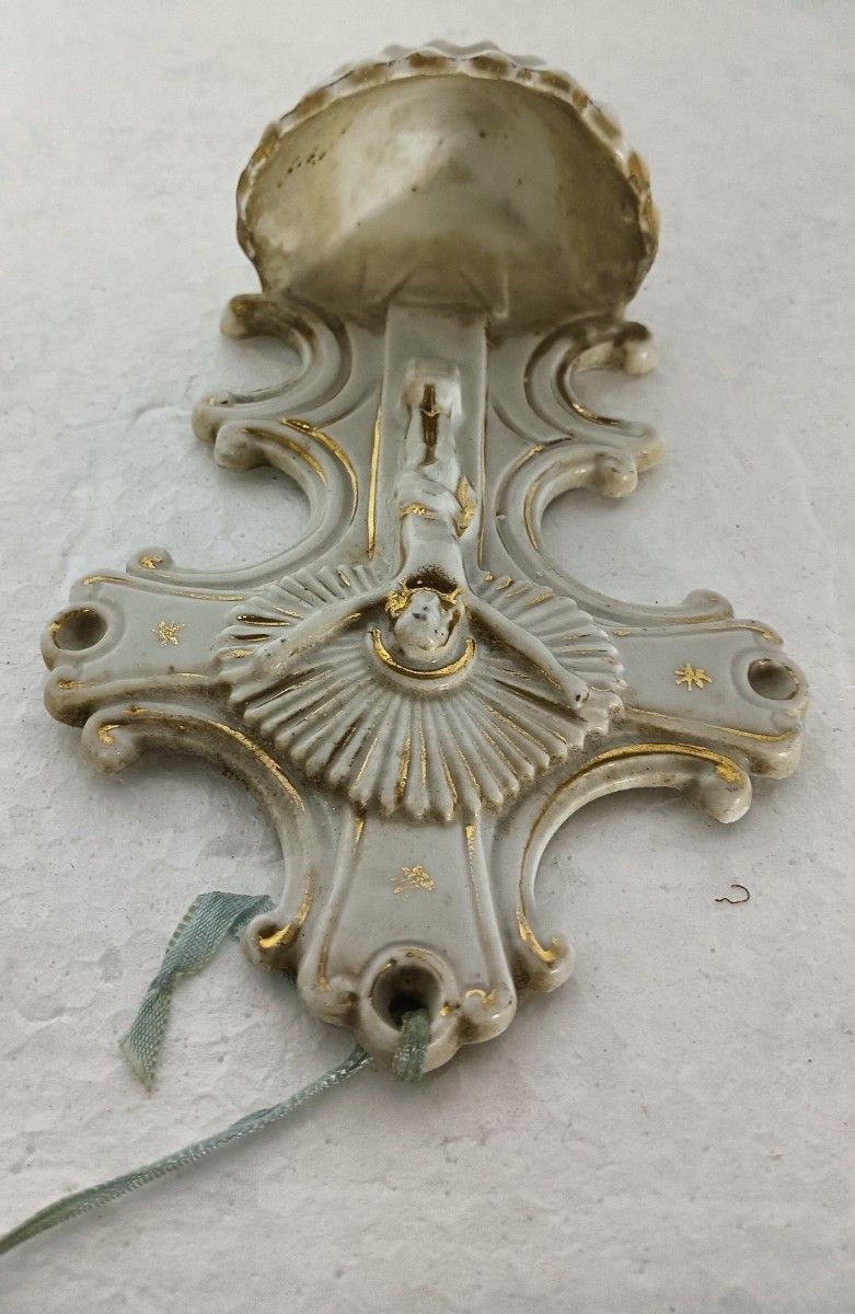 Antique Bisque Porcelain White Vessel Holy Water Font Crucifixion White Pink Wal photo furniture