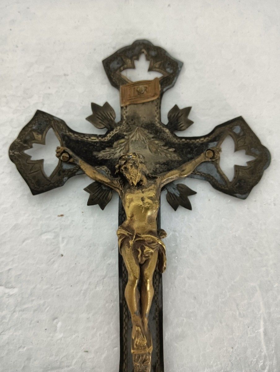 Antique Lovely Brass Ornate Holy Water Font Vessel Crucifixion Very Special Wall photo Art
