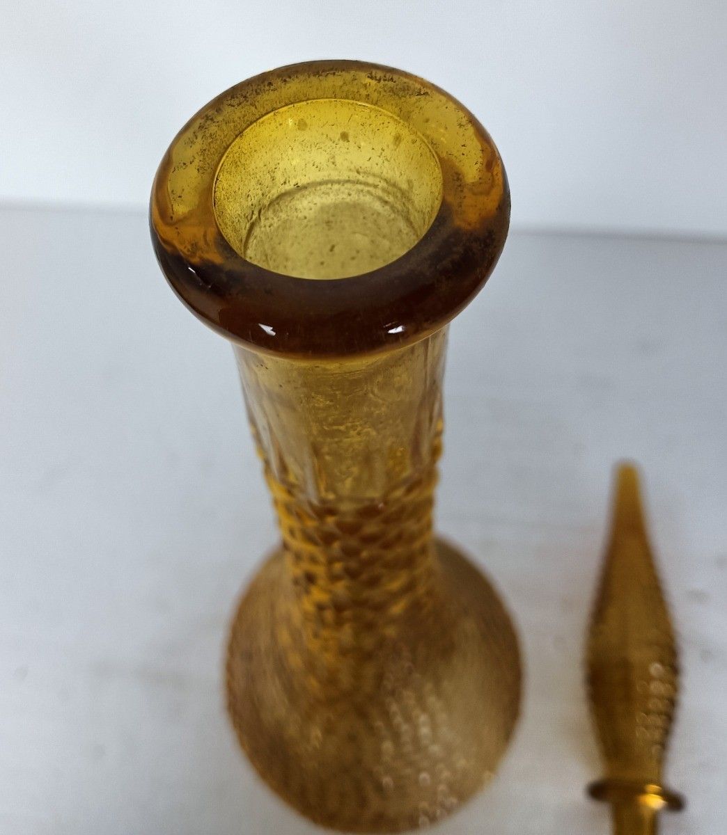 Vintage Art Bubbled Glass Amber Brown Empoli Bottle Italian Decorative Pop Art photo for sale